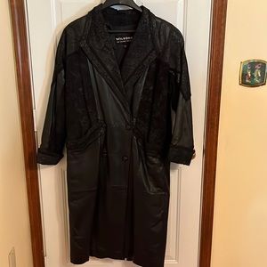 Coat, black leather, women’s.  Shoulder to hem is 47 inches.  Deep pockets.